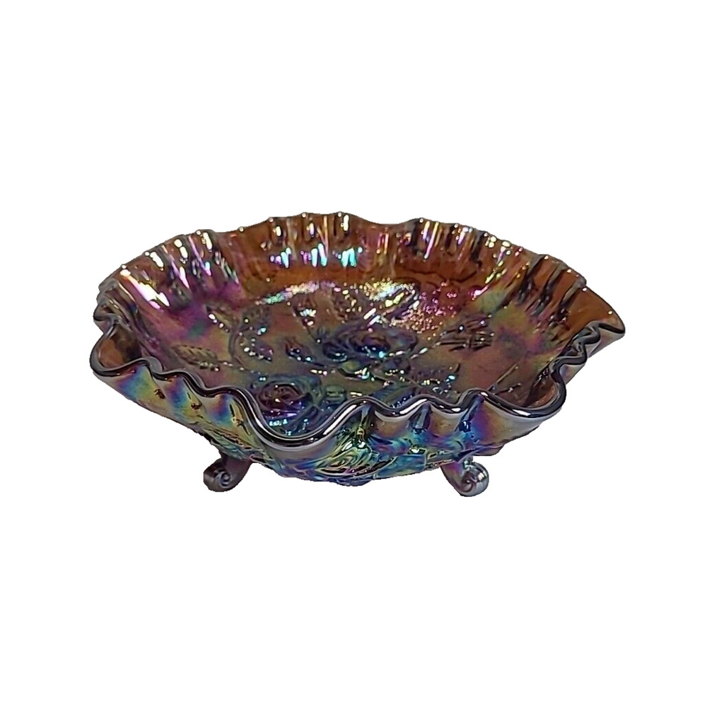 Imperial Glass Carnival Art‎ Lustre Rose Pattern 3-Toed Footed Candy Bowl